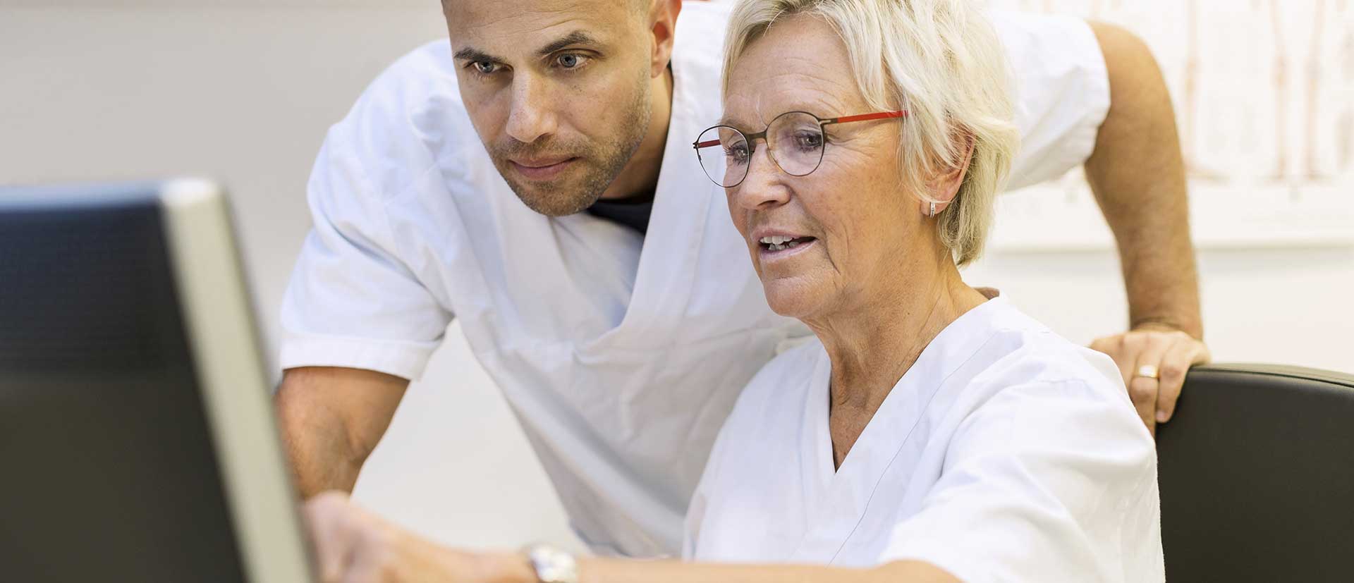 Two doctors/nurses discussing something on a computer screen