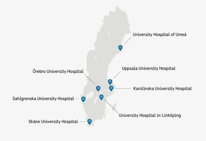 Map that pins out all University hospitals in Sweden